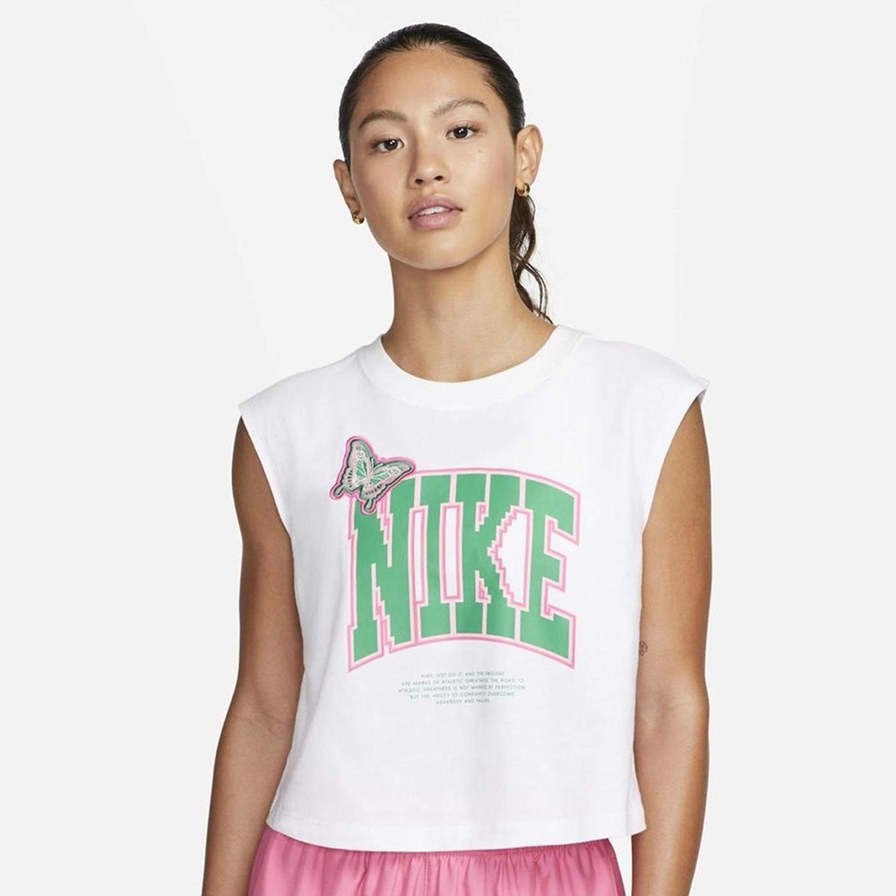 Nike White Crop Top with Green and Pink Logo